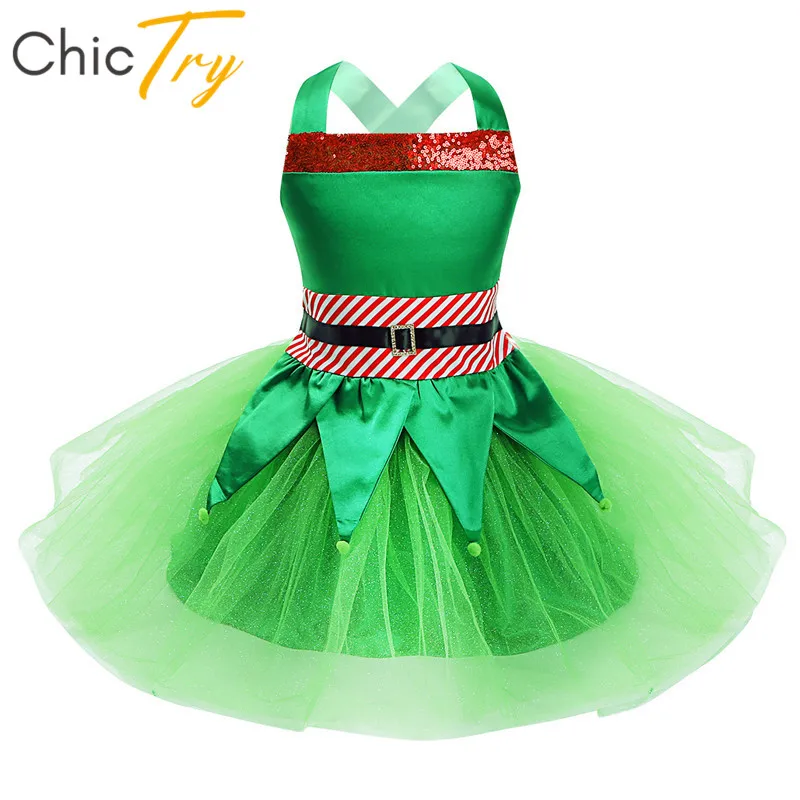 

ChicTry Kids Green Sleeveless Sequins Striped Waist Tops with Mesh Tutu Skirt Set Girls Christmas Elf Costume Roleplay Outfit