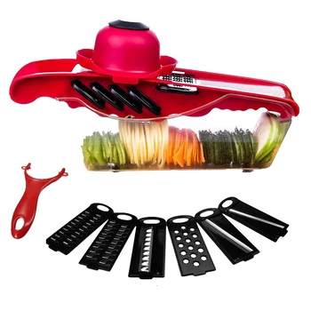 

Vegetable Cutter Potato Slicer with Container 6 Interchangeable Blades with Hand Protector and Peeler Cutting Vegetable Grater