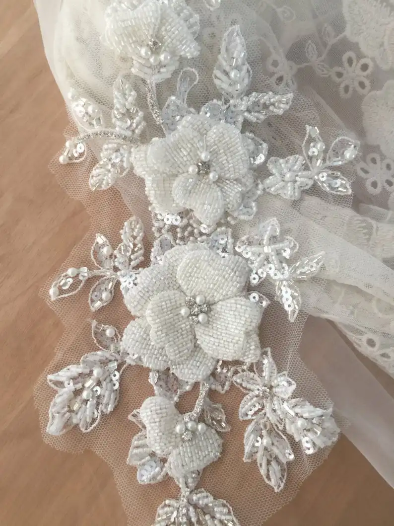 

Haute couture rhinestone beaded 3D flower lace applique bridal hair flower wedding headpiece veil patch motif