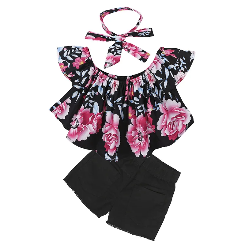 

3 Piece Clothing Set for Kids Girls Short Sleeves Off Shoulder T-shirt Floral Raffle Top Ripped Hole Short Jeans Outfit Headband