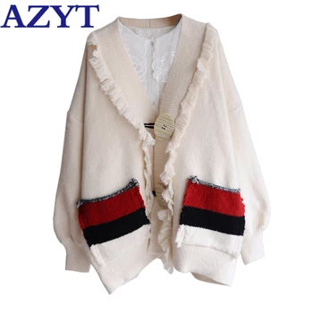 

AZYT Autumn Winter New Sweater Women's Cardigan 2020 Tassel Plus Size Patchwork Knitted Cardigan Jacket Thicken Sweater Coat