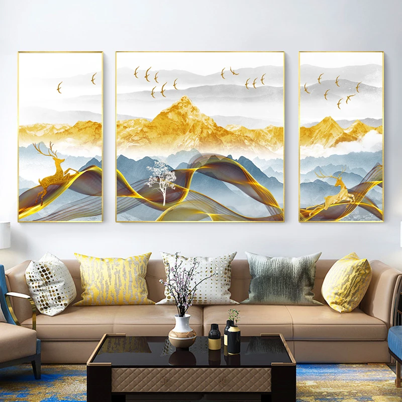 3 шт. абстрактные постеры и печать Золотая гора озеро пейзаж настенная живопись