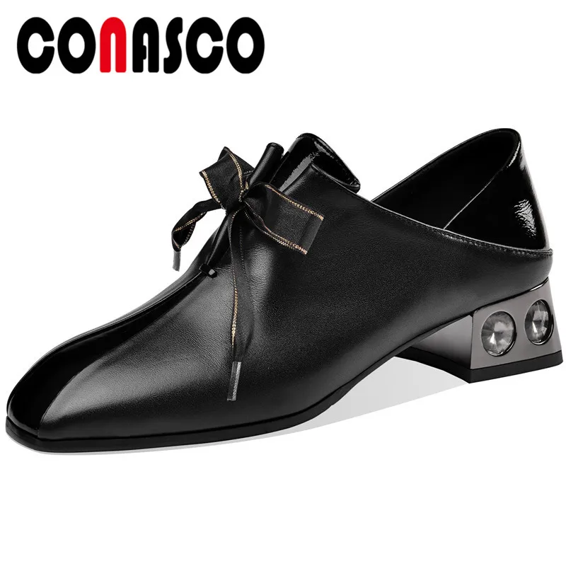 

CONASCO 2020 Classic Design Woman Pumps Cow Leather Spring Autumn Casual Butterfly Knot Rhinestone Square Toe Shoes Woman