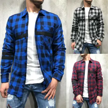 

Mens Check Shirt Long Sleeve Plaid Pocket Button Shirt Male Plaid Casual Clothing 2019 New Autumn Winter