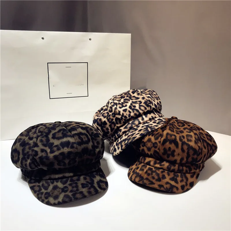 

Women Leopard Print Beret hat Winter Warm Painter cap Retro British Style Octagonal Navy Hat Outdoor Newsboy cap
