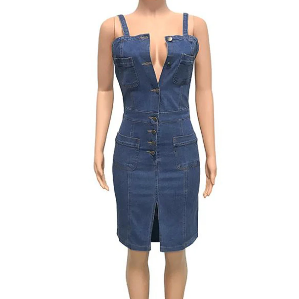 single breasted spaghetti strap denim dress