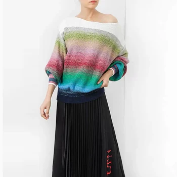 

CAMIA Winter Rainbow sweater women Slash Pullover Women's Basic Casual Comfortable Sweater Knit Long Sleeve Tops pull femme