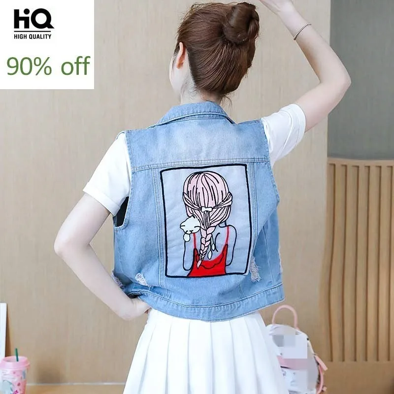 

Harajuka Summer New Brand Patch Designs Womens Denim Vests Sleeveless Hole Ripped Sweet Slim Fit Female Waistcoats Plus Size
