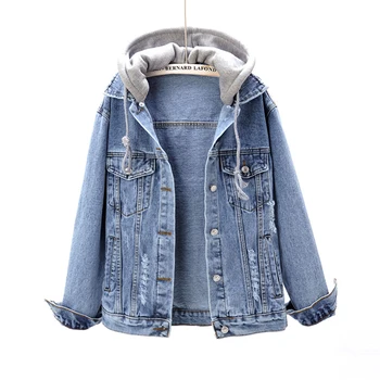 

2020 Vintage Frayed Washed Blue Hooded Denim Jacket Women Plus size Slim Short Long sleeve Jeans Jacket Female Basic Outerwear