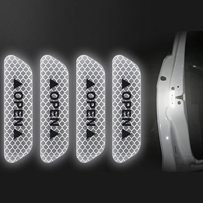 4PCS/Set Car Door Stickers Universal Tape Safety Warning Mark OPEN High Reflective Tape Auto Driving Safety Reflective Strips white