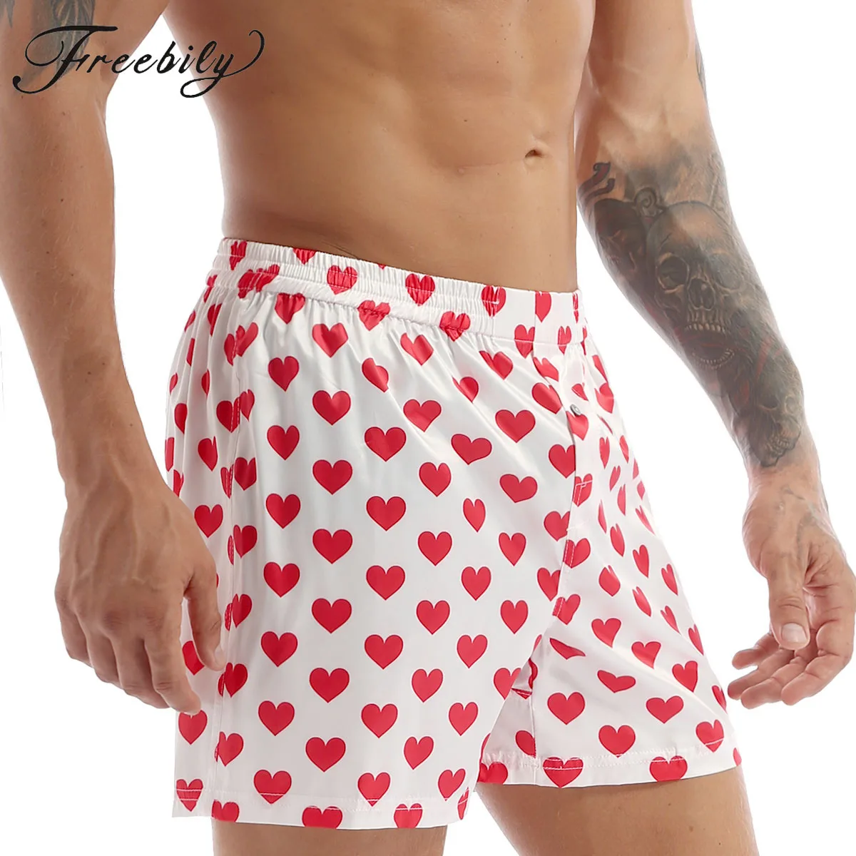 MMen Silk Satin Boxers Shorts Pajamas Summer Lounge Loose Casual Sleep Bottoms Underwear Love Heart Print mens satin sleep shorts summer silk bottoms nightwear pajamas homewear boxers