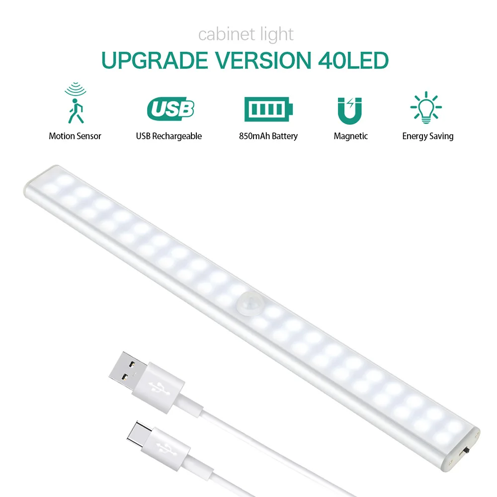  LED Under Cabinet Light Closets PIR Motion Sensor Lamp 24 40 60 LED Wireless USB Rechargeable Kitch - 4000413667852