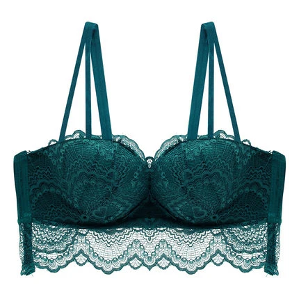 Зеленый Female Half cup push up bra sexy brassiere lace underwear bras for women wireless bralette lingerie plus size gather adjustment - Цвет: Зеленый