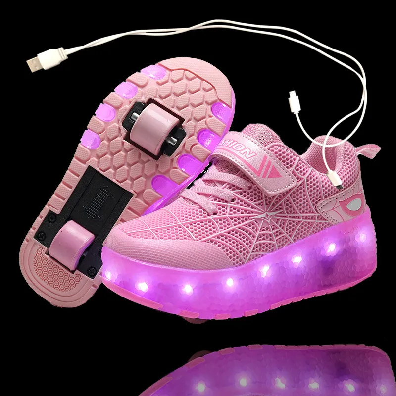 Zapatillas de dos ruedas para niños y niñas, zapatos de Patinaje con luz Led dorada y rosa, carga USB - AliExpress