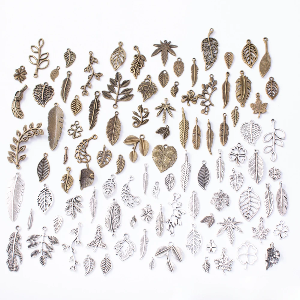 

100pcs 50pcs Metal Leaf Mixed Charms Pendants Antique Silver Bracelets Necklaces DIY Accessories for Wholesale Jewelry Making