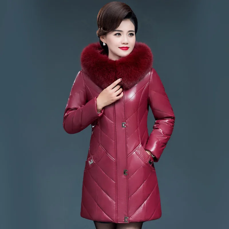 L-7XL Women Split Leather Coat Winter 2024 New Fashion Thick Warm Faux Fur Collar Hooded Sheepskin Jacket Tops Outerwear Female