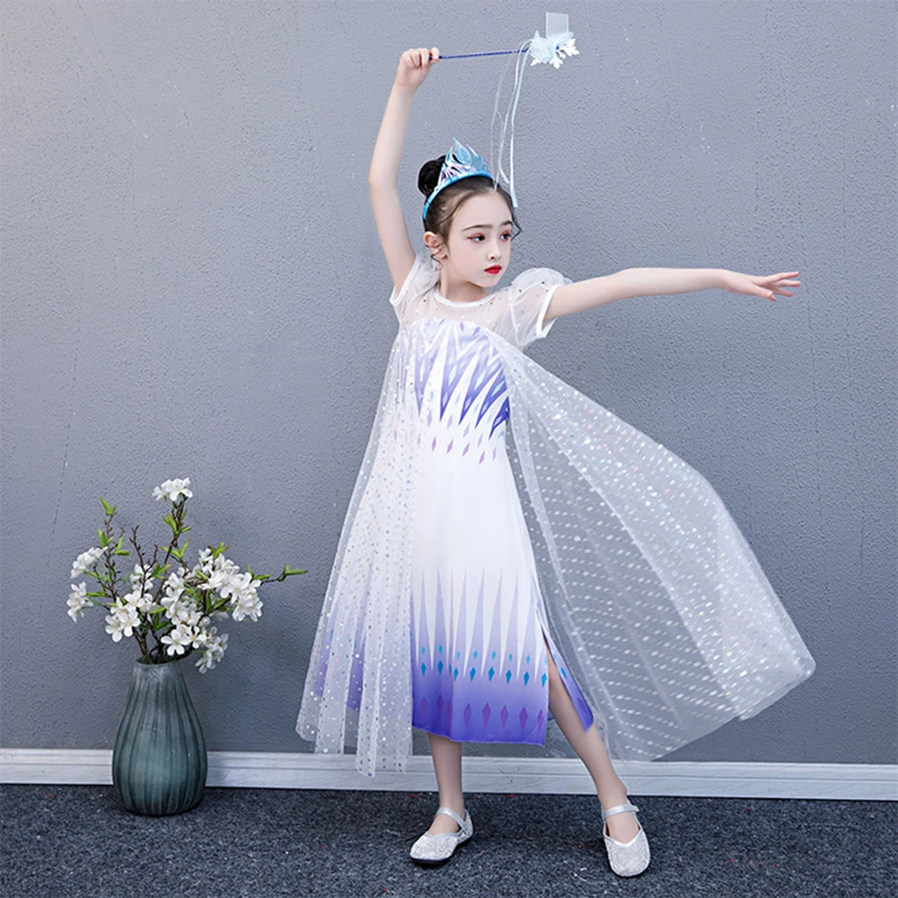 

Snow Queen Girl Elsa Dress Kids Halloween Party Cosplay Clothing Short Sleeve Floral Mesh Dress Baby Girl Dresses
