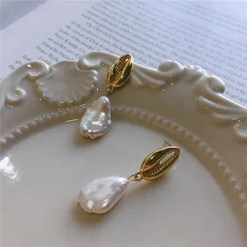 

RUIYI Real 925 Sterling Silver Baroque Pearl Shell Drop Earrings For Women Korea Fashion Chic Freshwater Pearl Niche Earrings