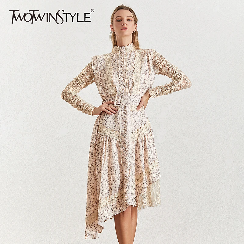 

TWOTWINSTYLE Patchwork Lace Print Dress Female Stand Collar Long Sleeve High Waist Dresses For Women Summer Fashion 2019 New