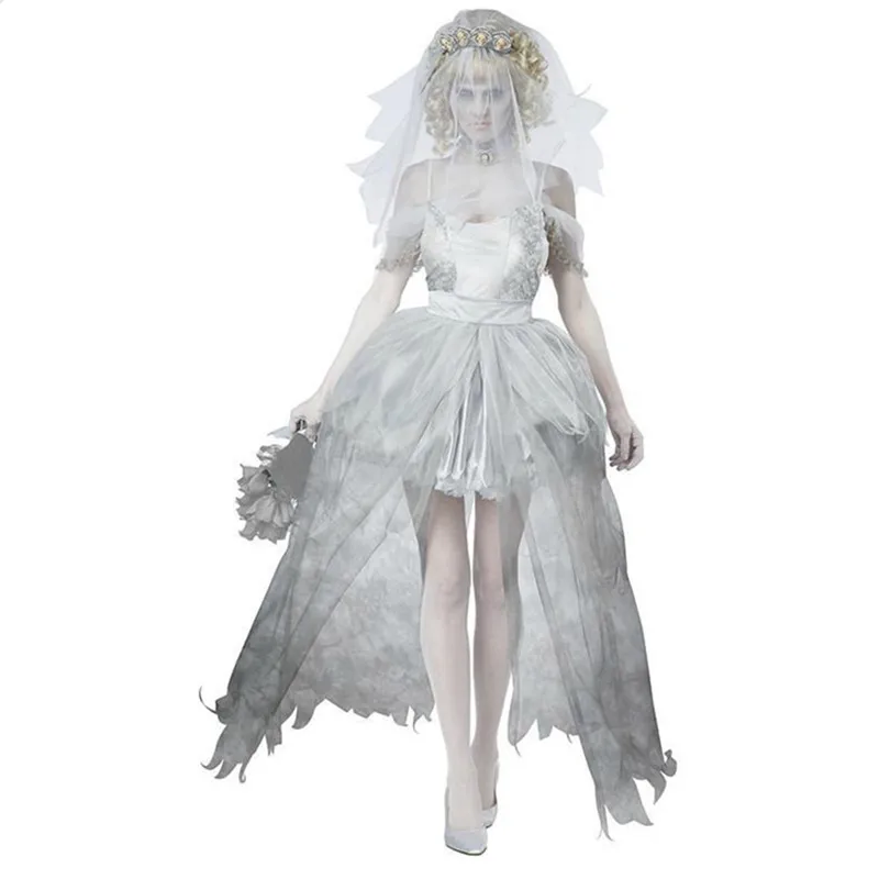 

Halloween Gray-white Hell Ghost Bride Costume Masquerade Cosplay Terrible Zombie Ghost Bride Costume