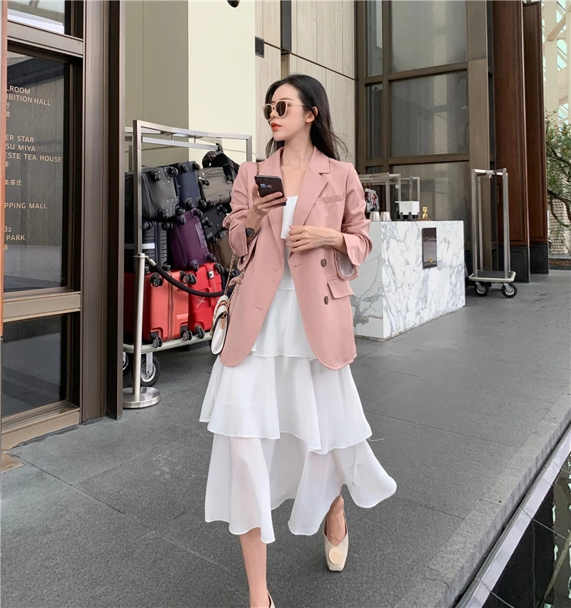 Casual Korean Ladies Blazer Retro Loose Solid Pink Stylish Suit Jacket Long Sleeve Simple High Street Women's Clothing MM60NXZ