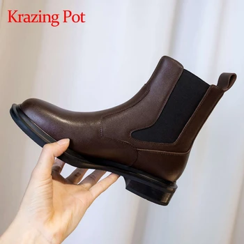 

Krazing pot 2020 winter new hot sale classic vintage round toe genuine leather med heel stretch boots slip on ankle boots L29