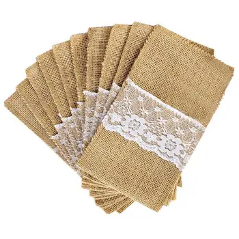 

50 pcs Natural Jute Cutlery Knives and Forks Cutlery Set Silverware Bag Holder Burlap & Lace Party Wedding Decor, 21x11cm
