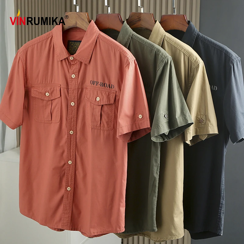 S-7XL de algodón puro para hombre, camisa de manga corta de estilo informal, color caqui, camisetas verde militar, negro y azul, 100% de verano, talla grande