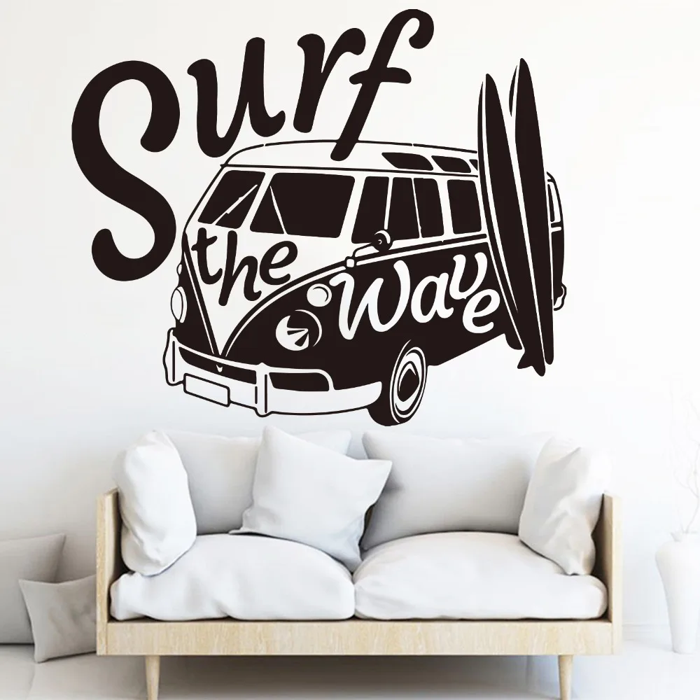Surf The Wave Camper Car Wall Sticker Bedroom Nursery Surf Car Vehicle Surfboard Summer Beach Wall Decal Kids Room Vinyl Art (1)