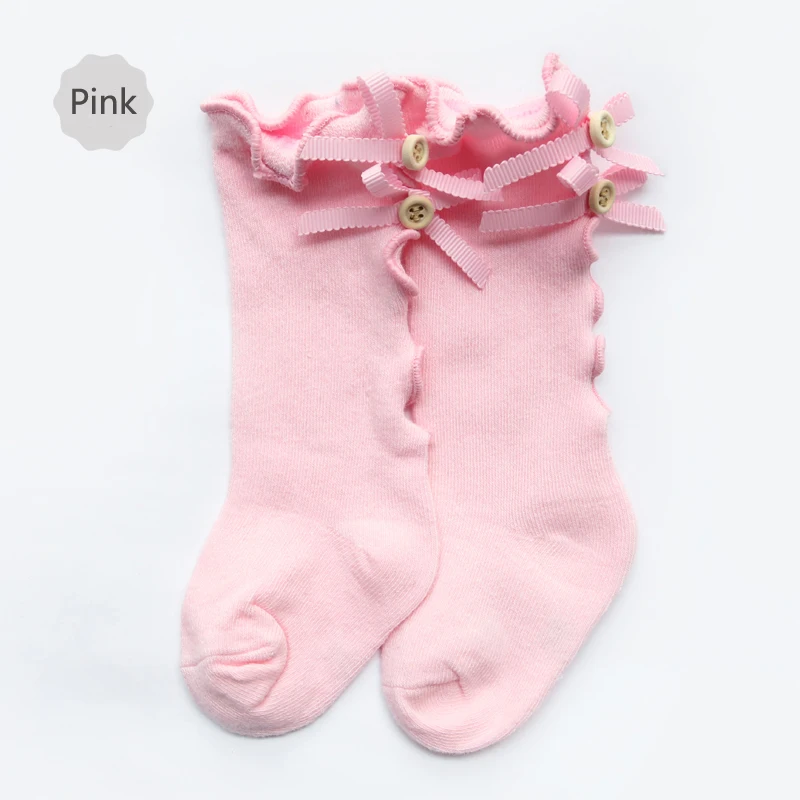 Носки для малышей; хлопковые носки до колена с пуговицами для маленьких мальчиков и девочек; высококачественные носки принцессы с бантом - Цвет: pink ear bow