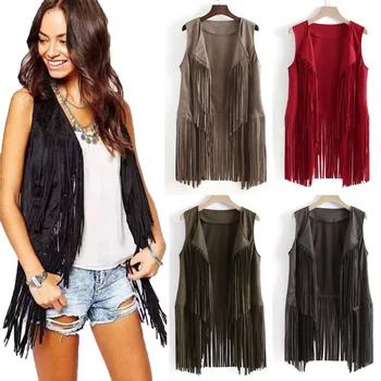 

Women Autumn Winter Suede Sleeveless Ethnic Summer Sleeveless Tassels Fringed Cardigan Tops M805