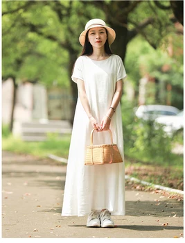 

New 2019 Women's Dresses Spring Summer Cotton Linen Elegant Lady Pleated Long White Dress Round Neck PD001