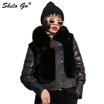 

Genuine Leather Jacket Highstreet Fox Fur Collar Thermal Padded Coat Women Winter Casual Button Front Allover Fur Warm Down Coat