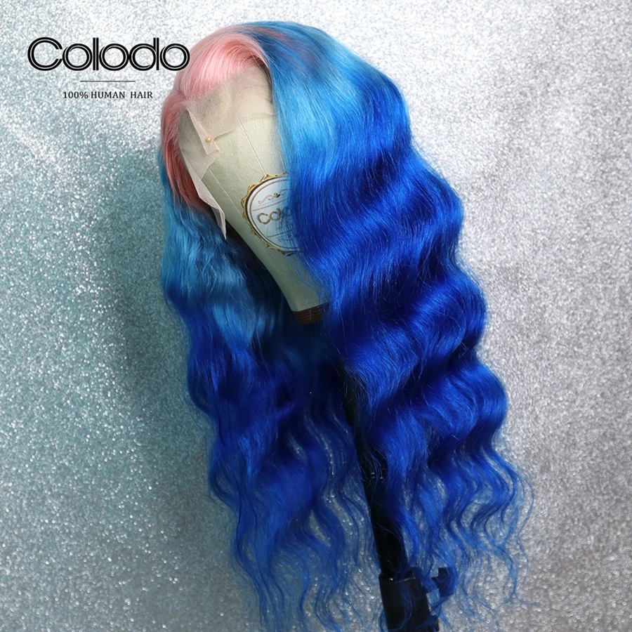 COLODO Wavy Pink Human Hair Wig 3 Tones Ombre Lace Front Wig With Baby Hair Remy Brazilian Transparent Lace Wigs For Black Women