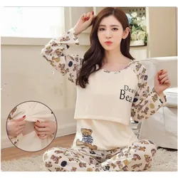 2Pcs/Set Cotton Breastfeeding Maternity Pajamas Sets Pregnacy Women Clothing Sleepwear Long Sleeve Top +Pants Nursing Nightgown