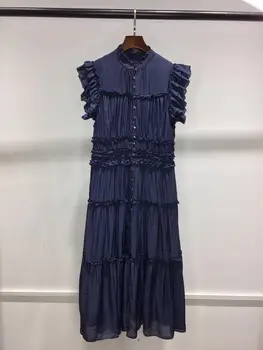 

2020 Summer Women Dark Blue / Pink Midi Dress Ladies Sheer Sleeveless Single Breasted Ruffled Party Draped Dress