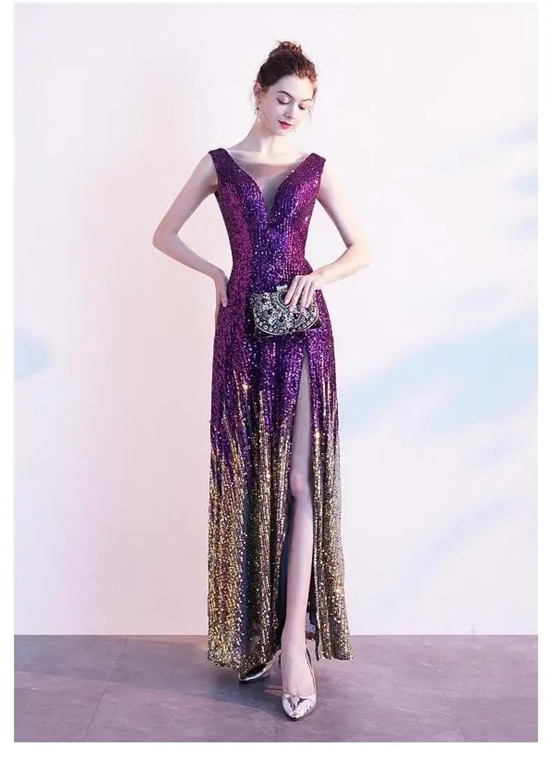 Robe De Soiree, милое фиолетовое вечернее платье с блестками, Длинное Элегантное Черное Платье для банкета и выпускного вечера, светоотражающее платье