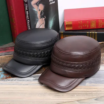 

100% Genuine Leather Man hat season warm earmuffs cowhide berets sheep leather woven duck tongue flat hat