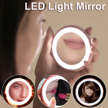 

LED Mini Makeup Mirror Hand Held Cosmetic Mirror LED Light Up Small Foldable10x HD Magnifier Micro Portable Makeup Mirror D30
