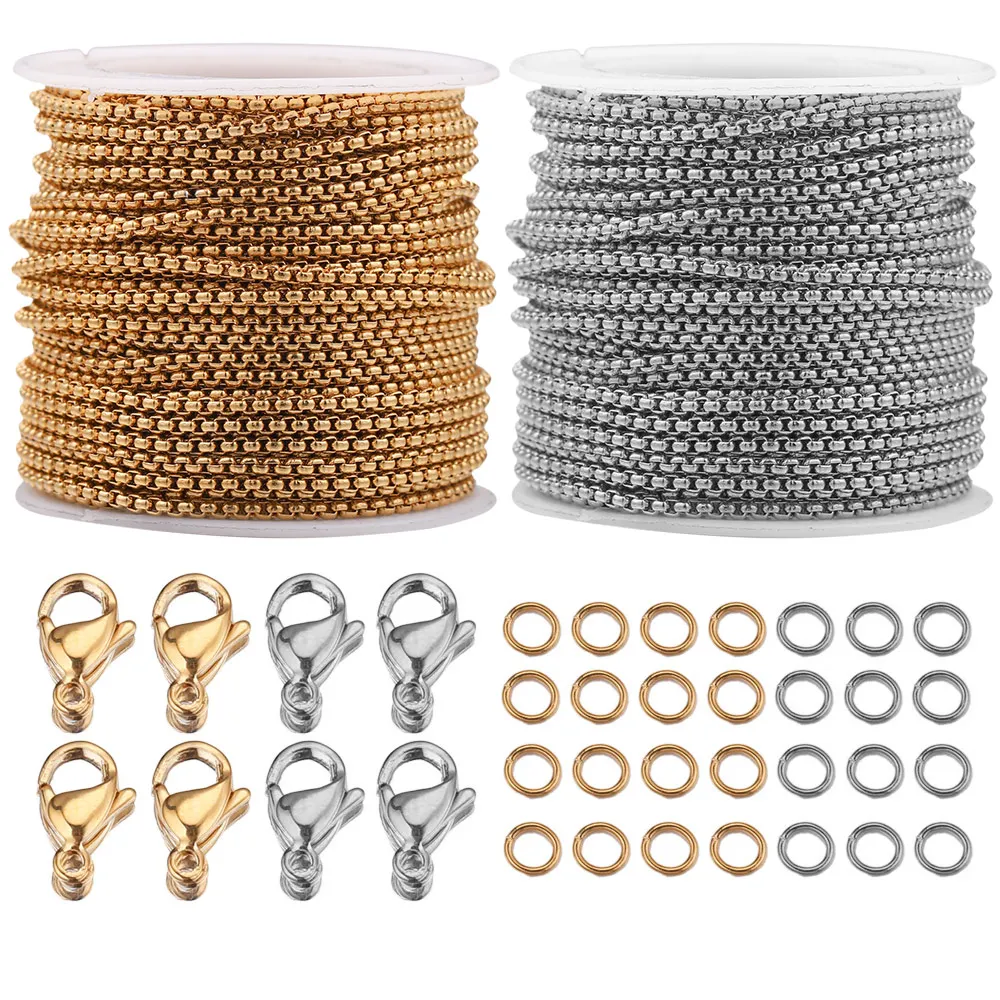 Gold Stainless Steel Jewelry Making Kit 2mm Box Chain Lobster Clasp ...