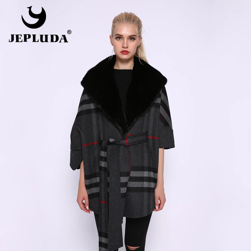 JEPLUDA Elegant Cashmere Coat Women Casual Oversize Large Real Mink Fur Collar 100% Wool Winter Warm Jacket | Женская одежда