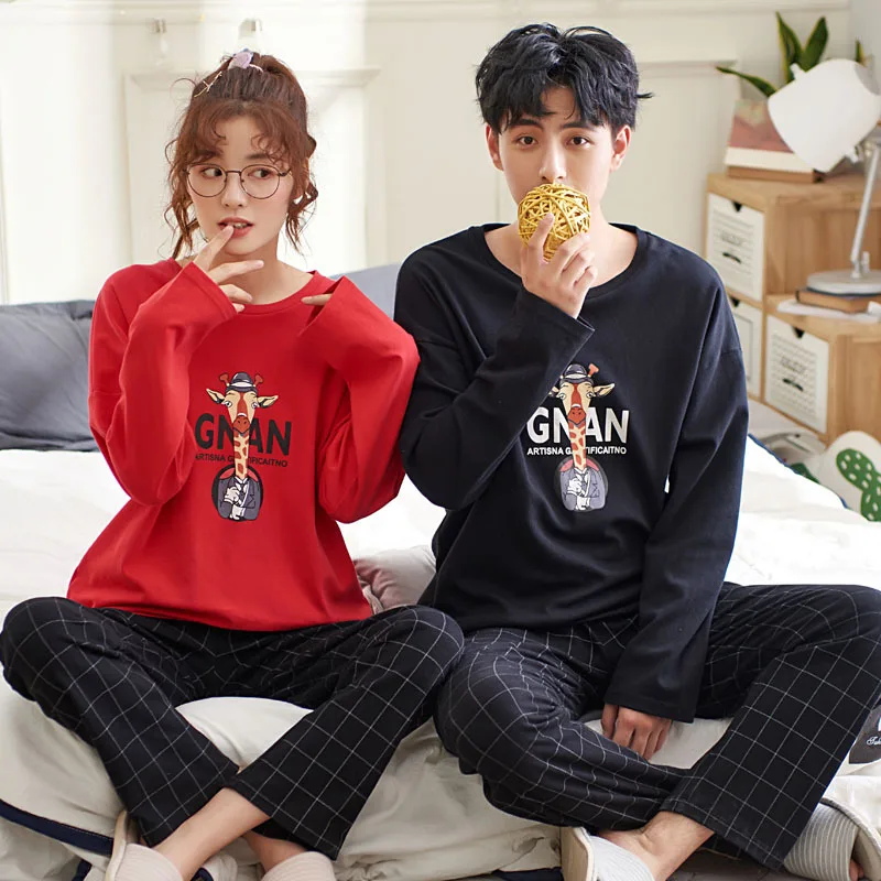 

QWEEK New Couple Sleepwear Autumn Long Sleeve Pajamas Women Korean Version Cartoon Pyjamas 2 Piece Plus Size Home Pijamas Women