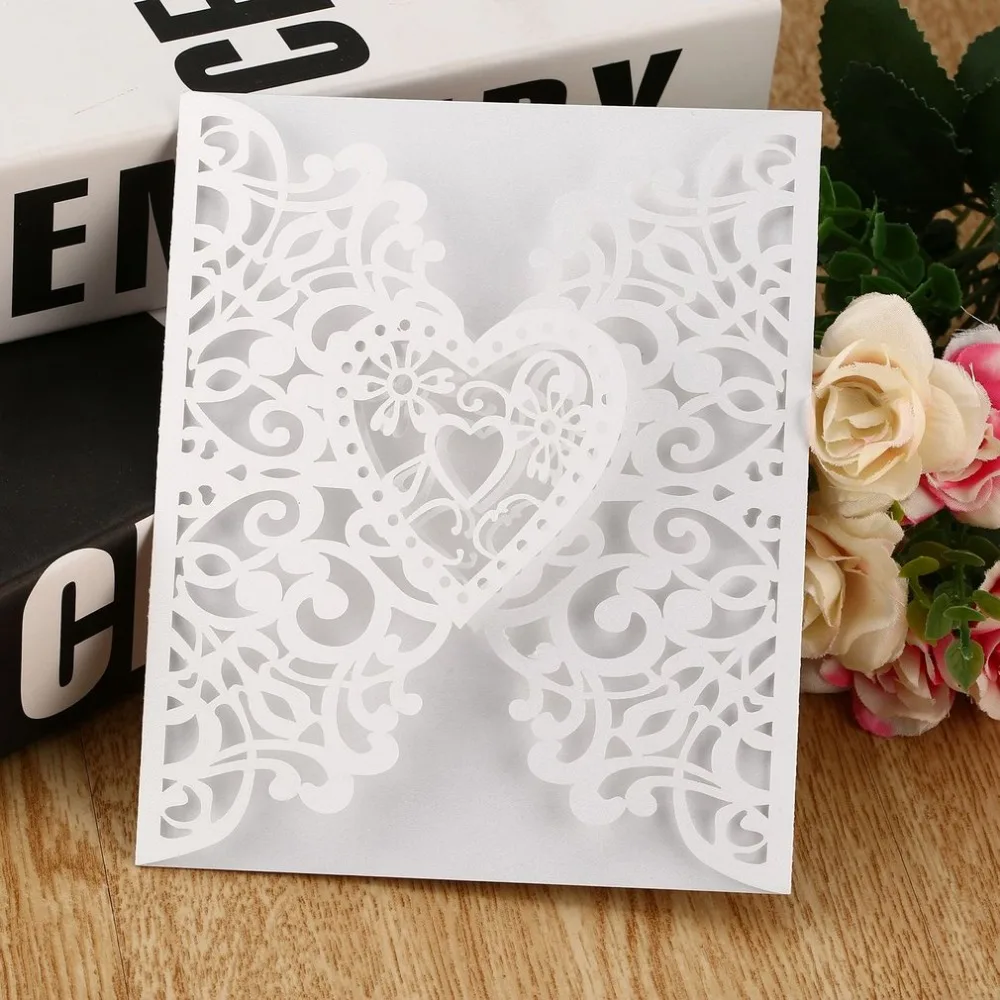  10 Pcs Heart Wedding Invitation Cards Laser Cut Hollow Out Envelopes Seals Invitation Covers Weddin - 4.00013E+12