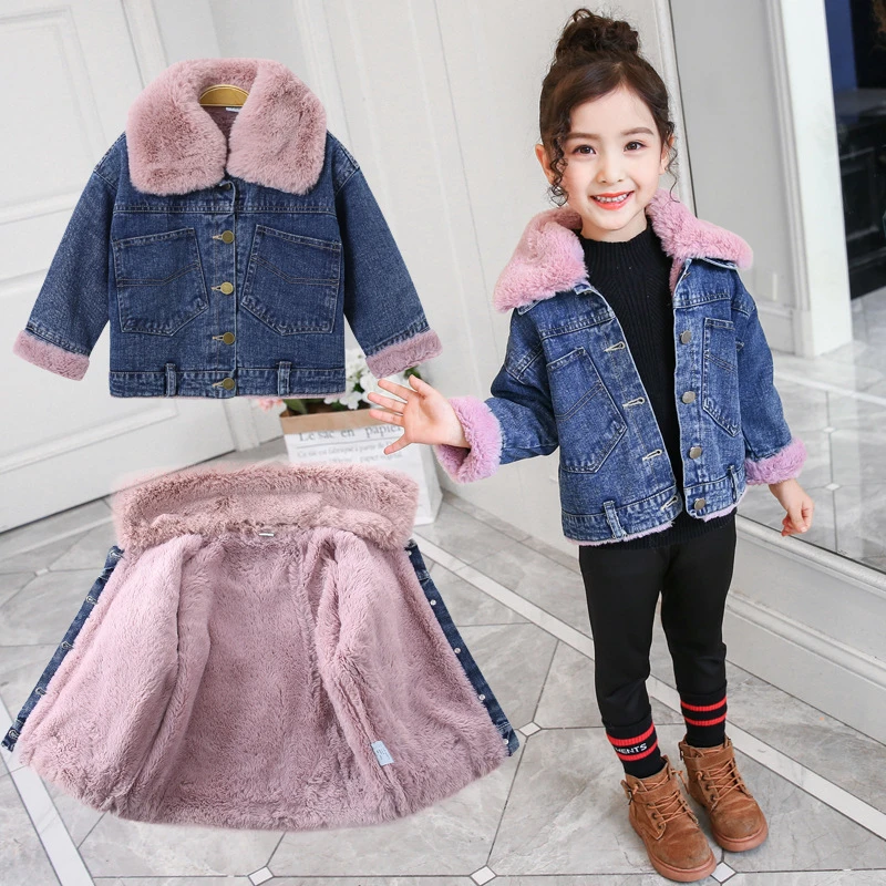 

Teenager Girl Warm Outerwear Outfits New Winter Girls Denim Coats Children Fashion Cotton Thick Plus Velvet Jackets For 4-10Y