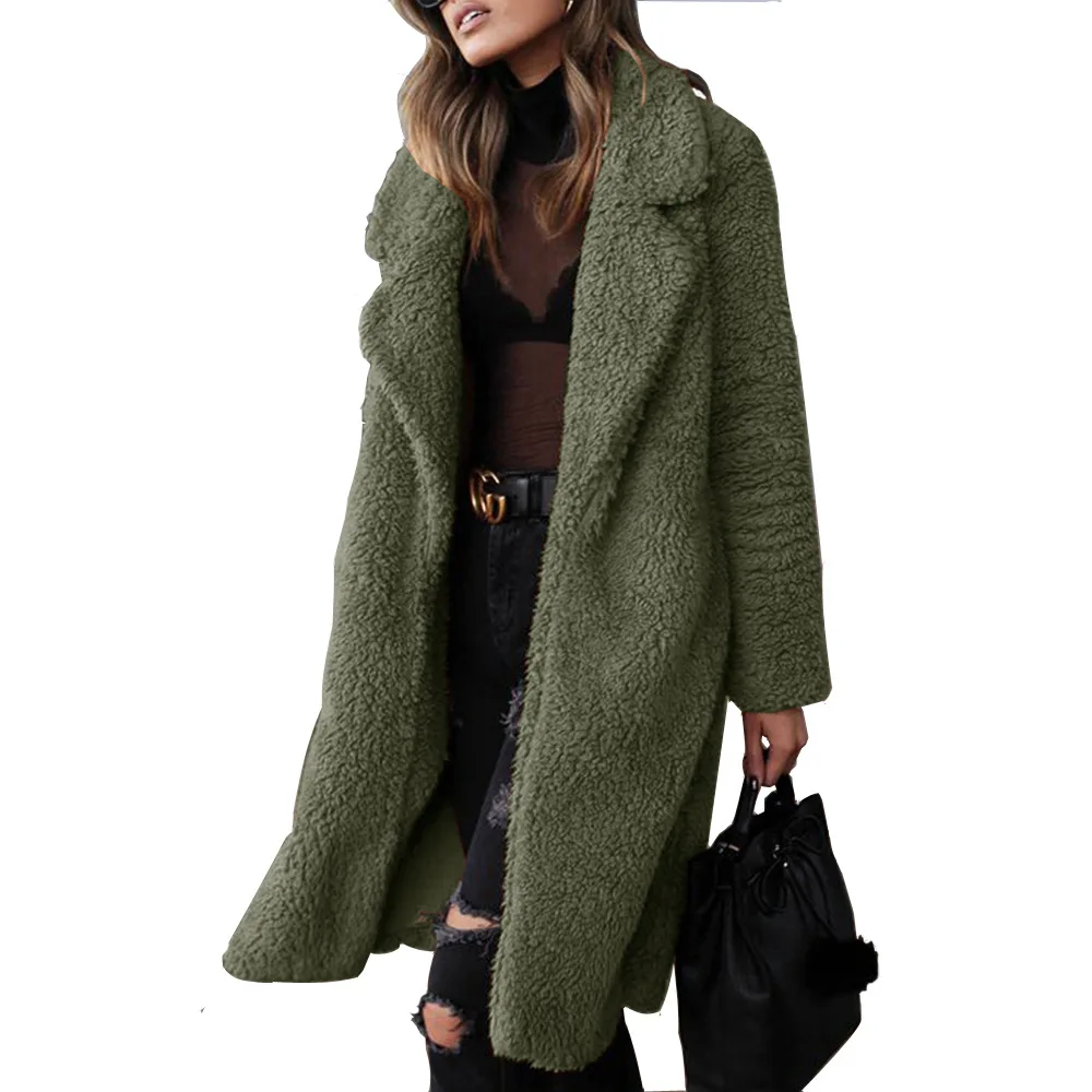 Женское пушистое флисовое пальто с отворотом, с открытым передом, длинное, из искусственного меха, лохматый кардиган, пальто, теплая зимняя верхняя одежда из овчины, парка с карманом
