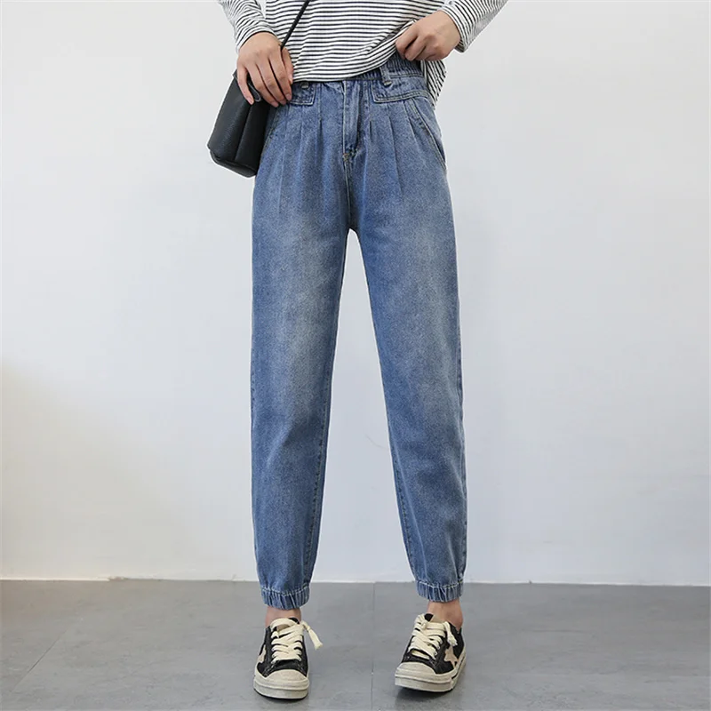 OMIKRON Plus Size Women High Waist Boyfriend Jeans for Women Mom Jeans Dropshipping New Cotton Blue Denim Pant Harem Pants - Цвет: 1909