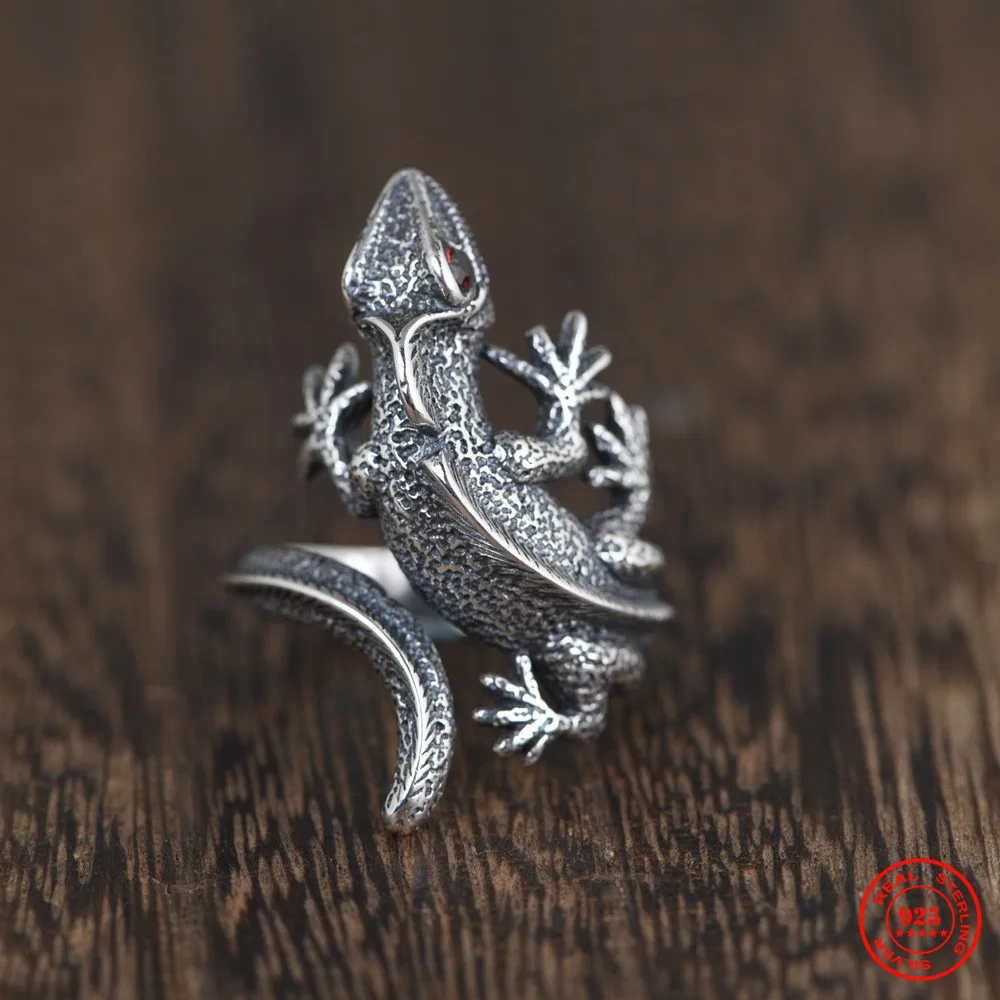 MKENDN Vintage Unique 925 Sterling Silver Chameleon Lizard Ring