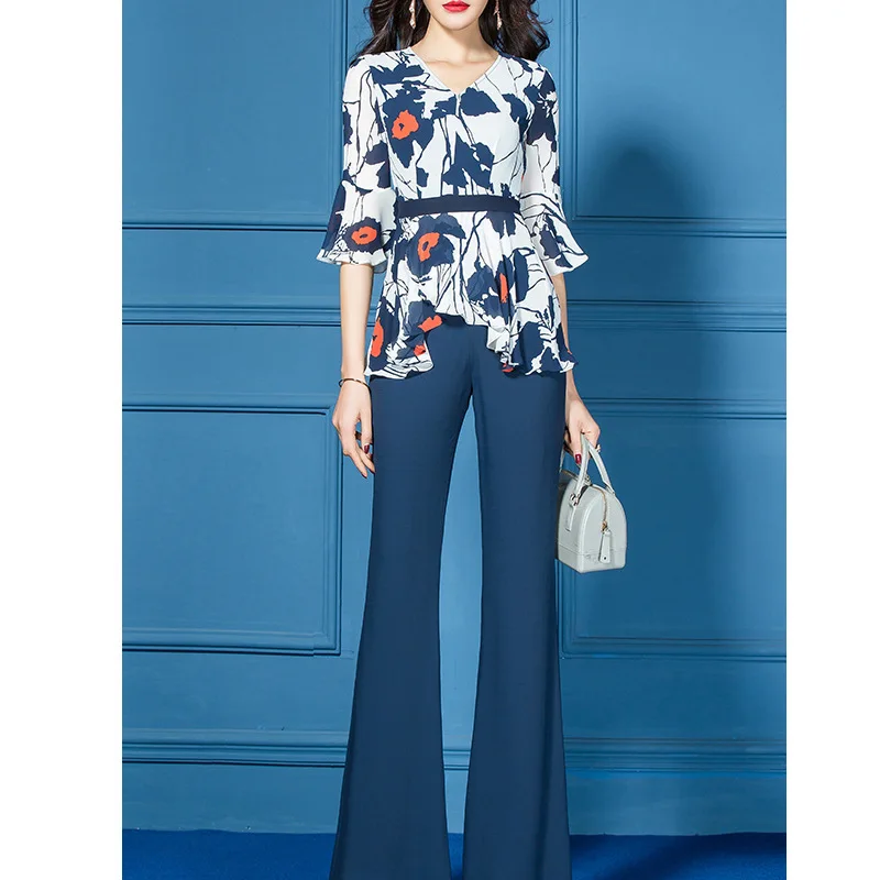 

Chiffon WOMEN'S Suit 2019 New Style Summer Wear Royal Sister Goddess-Style Elegant Bell-bottom Pants Two-Piece Set Western Style