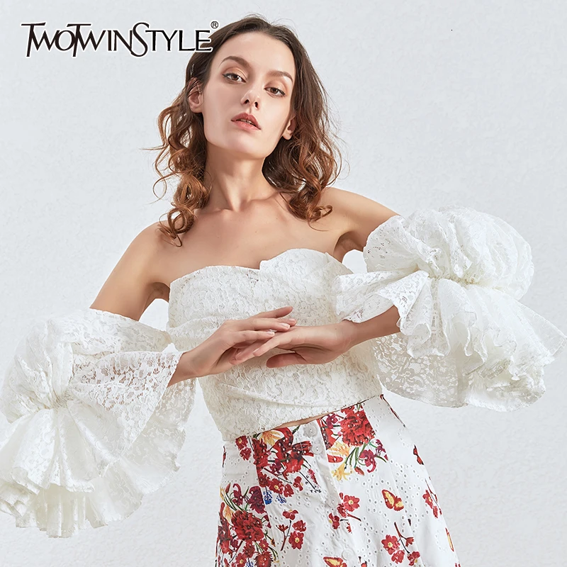 TWOTWINSTYLE Sexy Lace Women Blouses Slash Neck Off Should Flare Long Sleeve Tunic Short Shirt For Female Clothing 2020 Fashion |