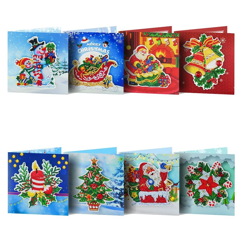 8pcs/Set Christmas DIY Diamond Painting Greeting Cards 5D Cartoon Postcards Kids Festival Embroidery Greet Cards Handmade Gifts 